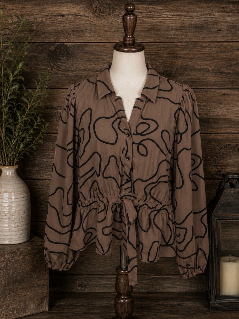 Women's Brown Abstract Tie-Waist Blouse